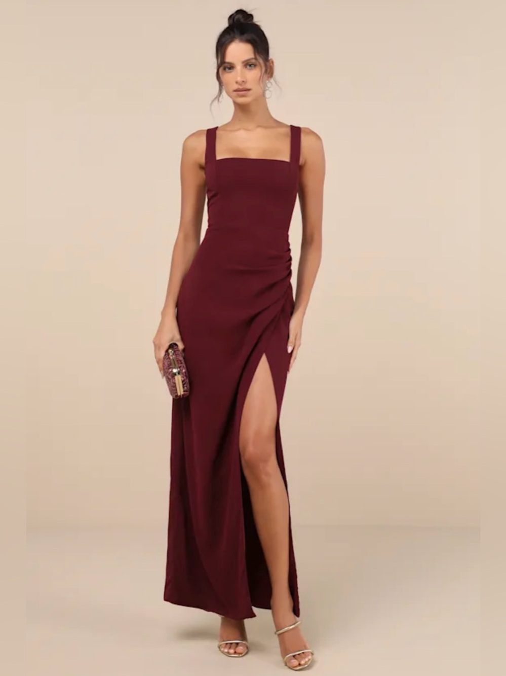 Lulu's Wine Burgundy Maxi Dress with Square Neck & Thigh Slit